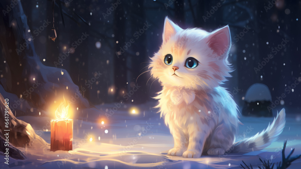 Obraz premium Gato blanco adorable en la nieve en navidad con luces difuminadas. 
