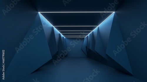 Pasillo azul con formas geométricas estilo minimalista con iluminación led. Fondo de estancia interior. photo