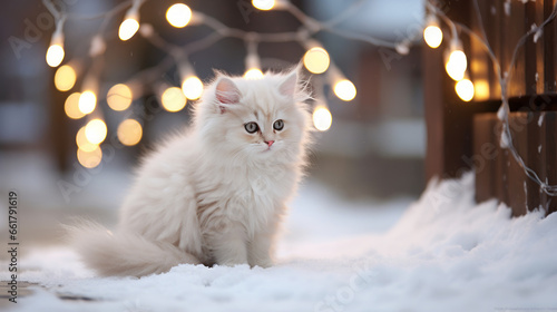 Gato blanco adorable en la nieve en navidad con luces difuminadas. 