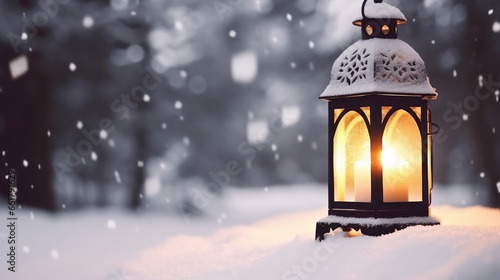 Farolillo iluminado con una vela encendida en medio de la nieve. Bosque nevado en invierno con luz de un farol cubierto por la nieve.