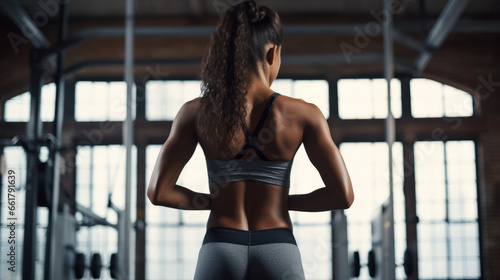 Mujer afroamericana entrando al gimnasio a entrenar. Mujer fitness en ropa deportiva de espaldas. photo