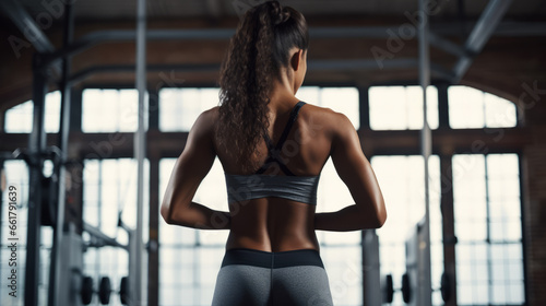 Mujer afroamericana entrando al gimnasio a entrenar. Mujer fitness en ropa deportiva de espaldas.