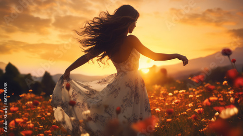 Mujer joven bailando en el campo de flores al atardecer.