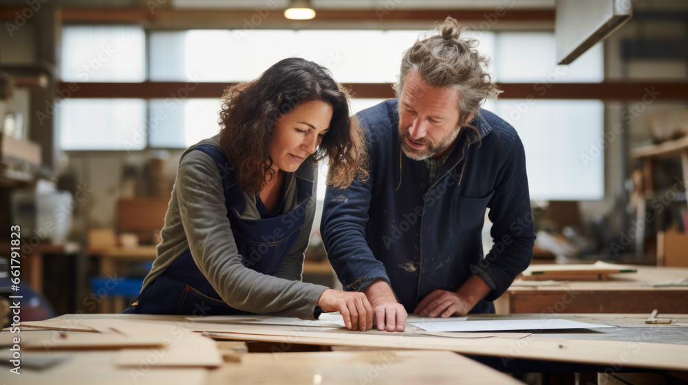 Portrait of man and woman carpenters working together in wood work workshop - obrazy, fototapety, plakaty 
