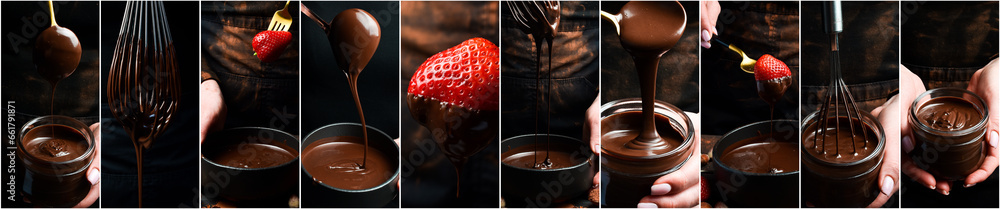 Chocolate background. Chocolate making process. Hot chocolate. Photo collage. - obrazy, fototapety, plakaty 