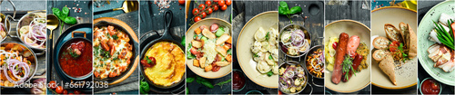 Collage of food in the dishes. Hot meals and cold snacks. photo