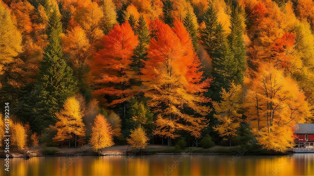 Obraz premium Autumn and a cabin by the river