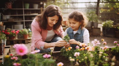 Smiling mother and daughter take care of flowers while gardening at farm