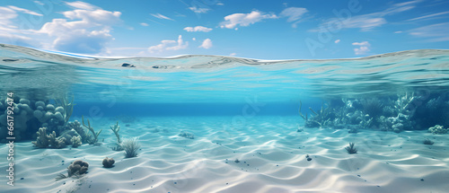 plaine de sable sous-marine et ciel bleu. l'eau coupe l'image en deux parties