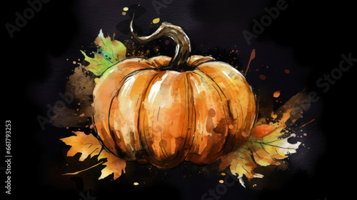 Watercolor painting of a pumpkin in dark brown color tone.