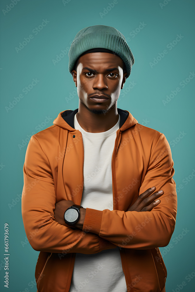 A young black man wearing a hat and jacket with a disgusted look, standing with arms folded. Bright solid light color background. A young black man wearing a hat and jacket with a disgusted look, standing with arms folded. Bright solid light color background.
