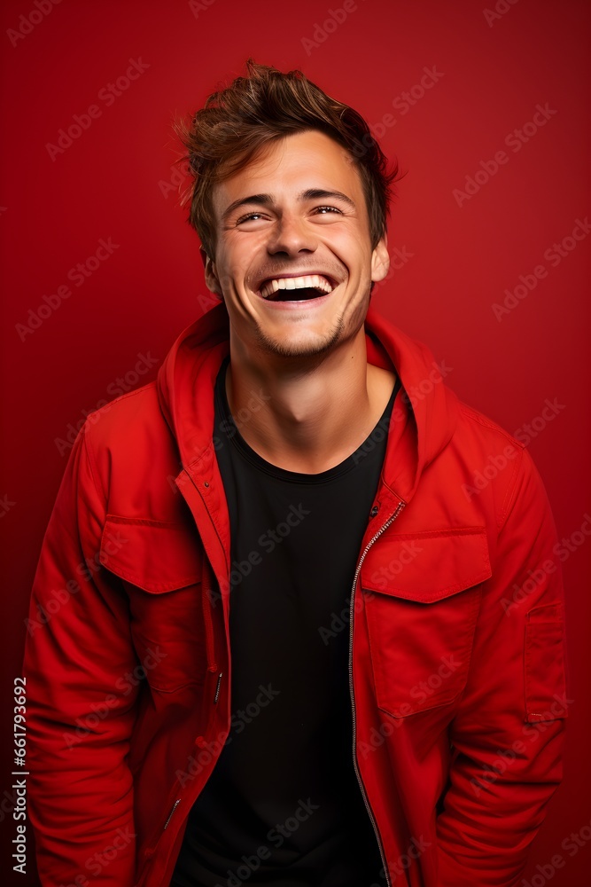 Young handsome caucasian man, smiling and laughing, wearing casual clothes. Bright red background. Studio photography. Young handsome caucasian man, smiling and laughing, wearing casual clothes. Bright red background. Studio photography.