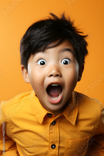 Asian child is surprised and excited, with opened eyes and mouth a bright solid yellow color background. Studio photography.
