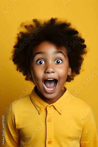 A dark-skinned child is surprised and excited, with opened eyes and mouth. Studio photography.
