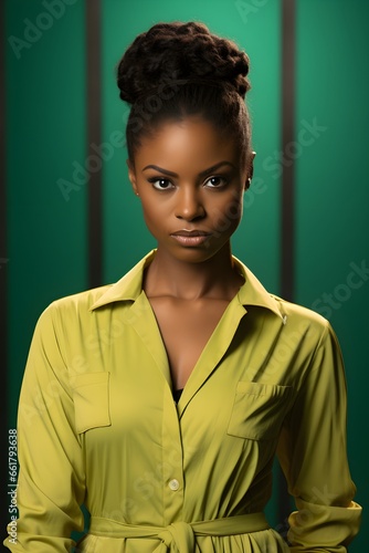 Portrait of a young black woman wearing a yellow shirt with an angry look. Bright solid green color background