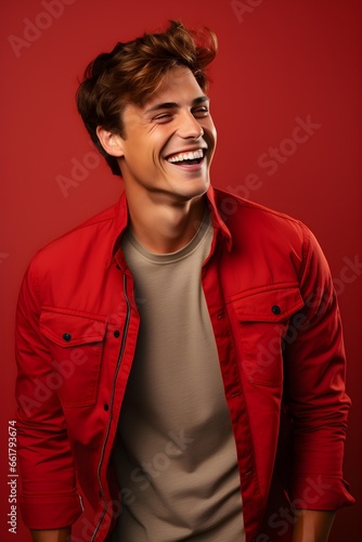 Young handsome caucasian man wearing red jacket, smiling and laughing. Bright red background. Studio photography.