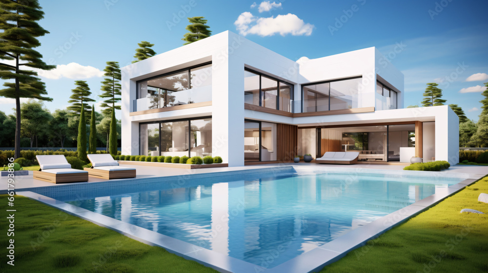 Perspective of white modern luxury house with swimming pool