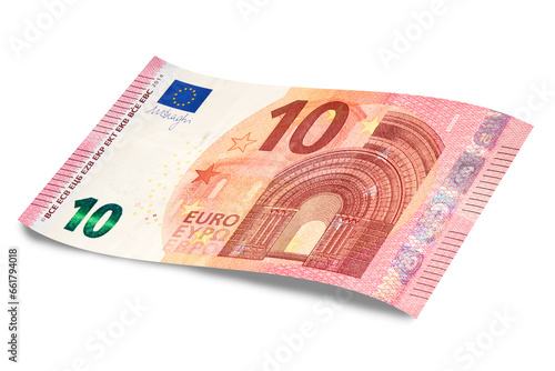 European Union's Euro cash banknote, with a face value of ten euros isolated on white with shadow. 10 euro