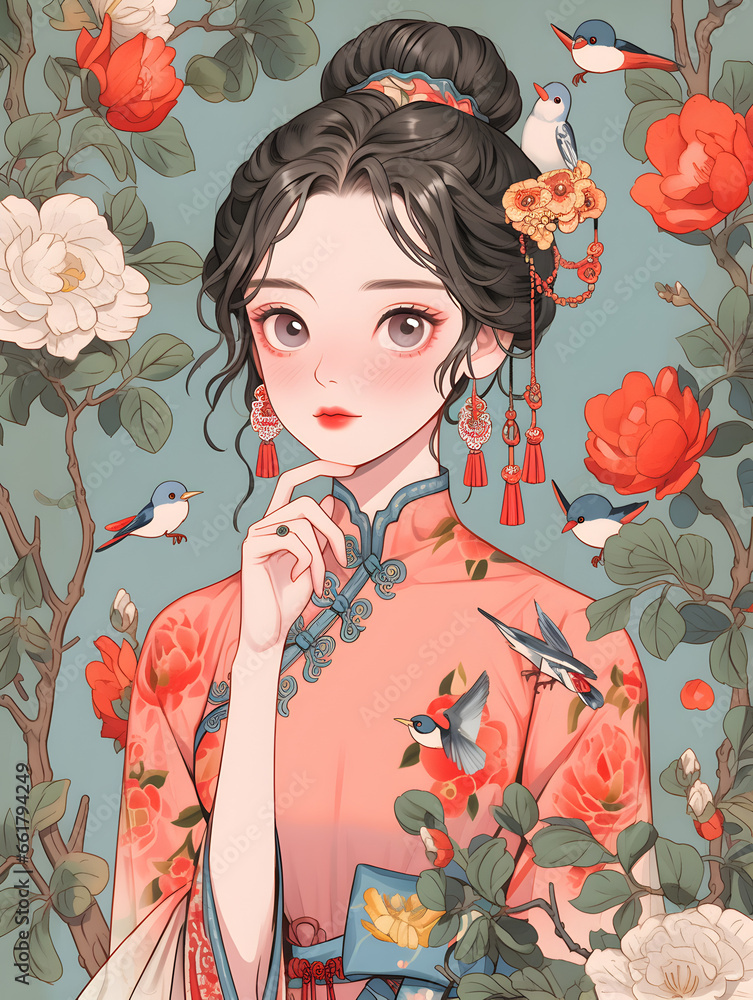 Fototapeta premium A Chinese Anime Girl Portrait - Girl Wearing a Blue Han-Style Outfit