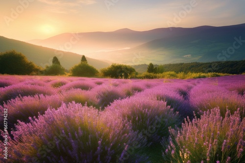 Breathtaking morning view above blooming lavender meadow. Generative AI