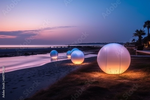 Spherical luminaires by the beach during twilight. Generative AI photo