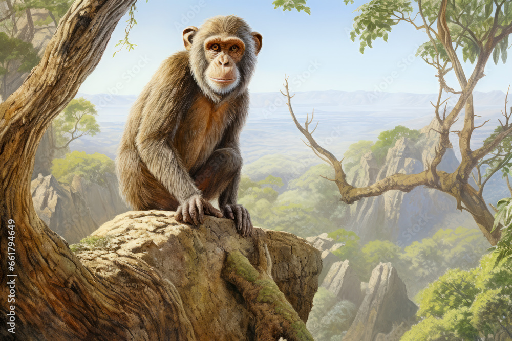 Proconsul prehistoric primate in its natural, lush, and forested ...