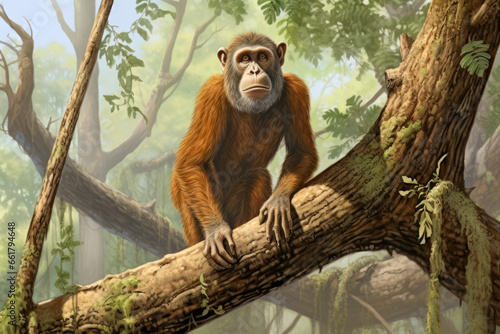 Proconsul prehistoric primate in its natural, lush, and forested environment. Fossil Evolution ancestor of Homo sapiens. Artistic representation generated with AI, not a scientific reconstruction. photo