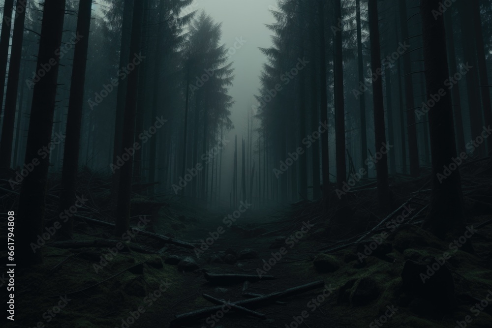 A captivating image of a dark forest filled with an abundance of towering trees. This picture can be used to create a mysterious atmosphere or portray the beauty of nature.