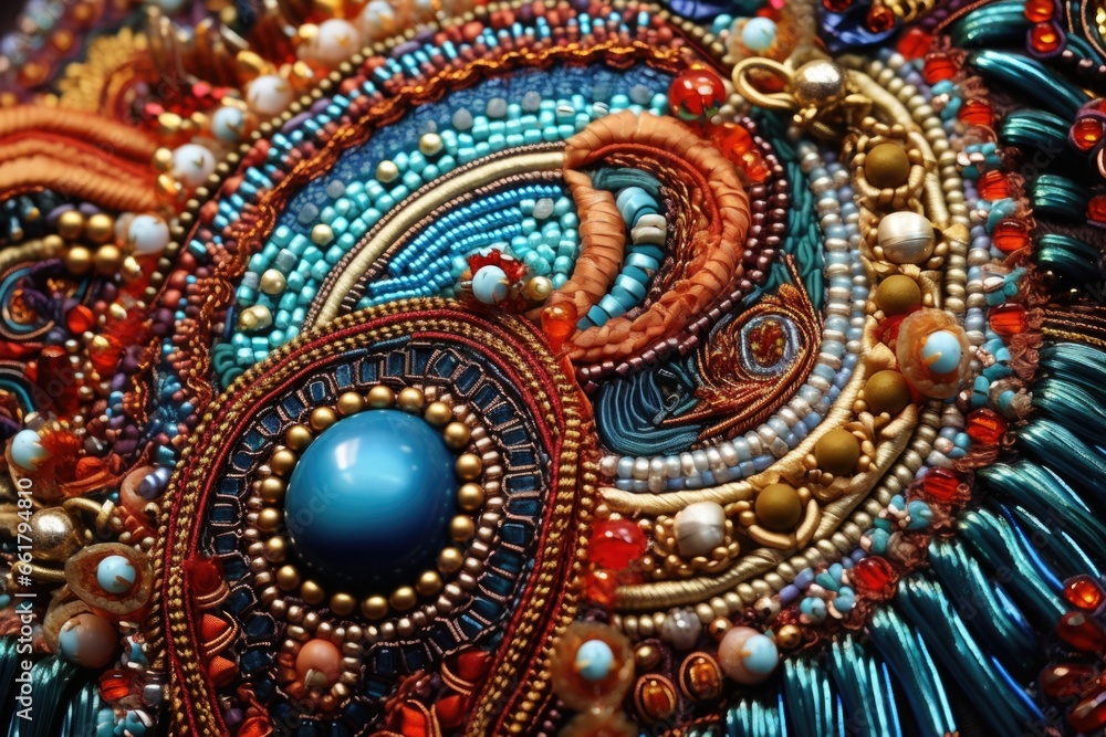 A detailed close-up of a beaded piece of art. This versatile image can be used in various creative projects.