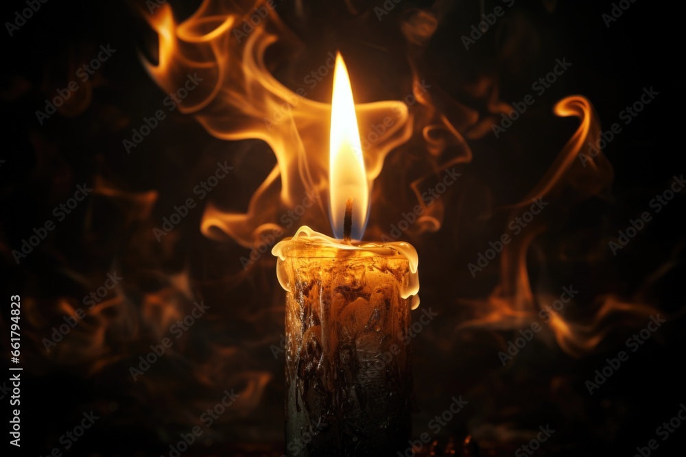 A picture of a lit candle with flickering flames. This image can be used to create a cozy and intimate atmosphere.