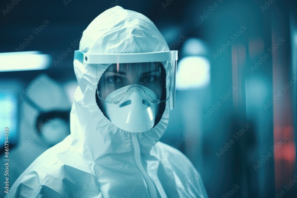 A man wearing a protective suit and mask. This image can be used to illustrate safety precautions, hazardous environments, or medical emergencies. A man wearing a protective suit and mask. This image can be used to illustrate safety precautions, hazardous environments, or medical emergencies.