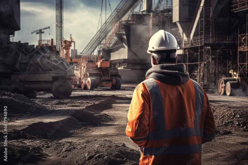 A construction worker standing in front of a construction site. A construction worker standing in front of a construction site.