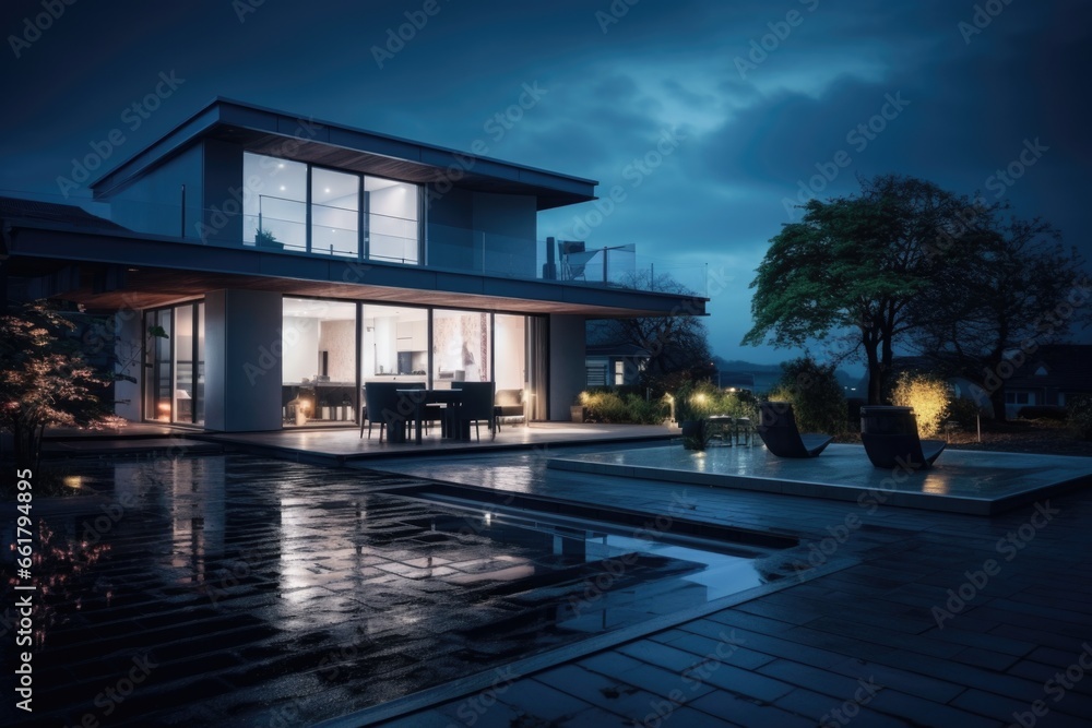 A house with a pool in front of it, illuminated by the night sky. This image can be used to showcase a luxurious residential property with a beautiful outdoor pool.