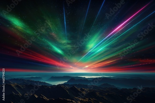 A breathtaking view of a mountain range illuminated by vibrant aurora lights. 