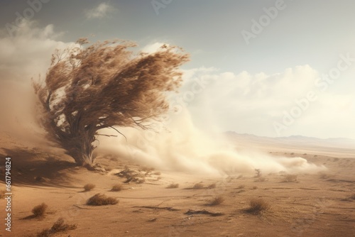 A tree in the desert creating a cloud of dust. This image can be used to depict dry and arid landscapes or to symbolize resilience and adaptation.