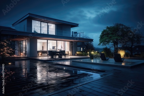 A house with a pool in front of it, illuminated by the night sky. This image can be used to showcase a luxurious residential property with a beautiful outdoor pool. © Fotograf