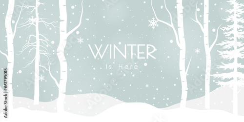 White tree forest background and snowing for winter season concept. Hand drawn isolated illustrations.