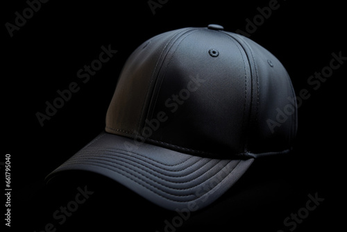 A black baseball cap displayed on a black background. This versatile image can be used in various contexts.