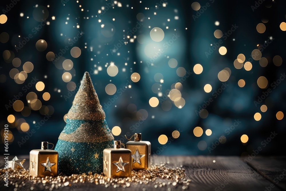 Christmas decoration on wooden table with bokeh background. New Year concept. A Cozy Teal Christmas Background with Bokeh Lights and Christmas Tree Christmas decoration on wooden table with bokeh background. New Year concept. A Cozy Teal Christmas Background with Bokeh Lights and Christmas Tree