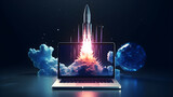 Rocket Takes off From the Laptop Screen on dark blue background