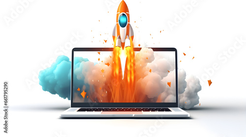Cinematic rocket Takes off From the Laptop Screen on white background photo