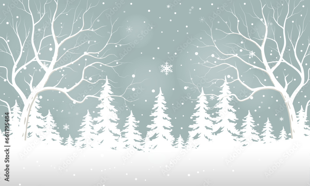 White tree forest background and snowing for winter season concept. Hand drawn isolated illustrations. White tree forest background and snowing for winter season concept. Hand drawn isolated illustrations.