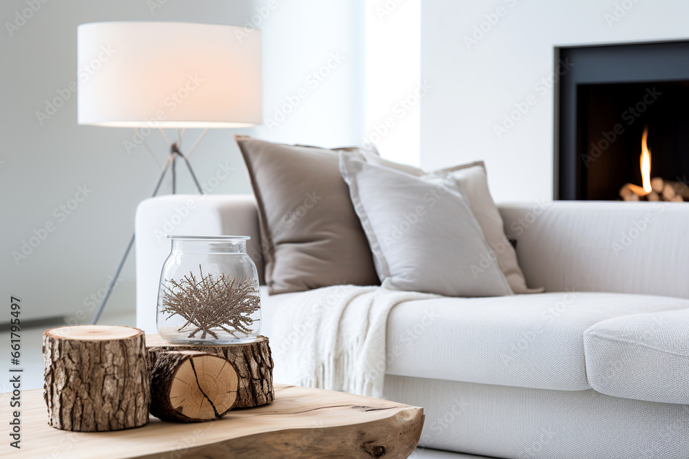 Fototapeta premium Close up of organic wood home decor on live edge coffee table near white sofa and fireplace. Minimalist home interior design of modern living room.