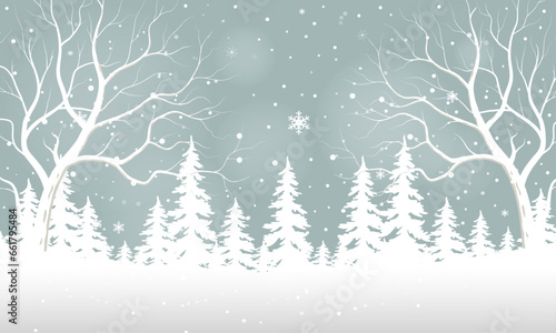 White tree forest background and snowing for winter season concept. Hand drawn isolated illustrations.