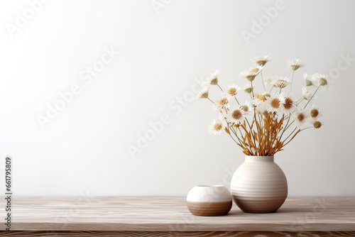 Wooden table with beige clay vase with bouquet of chamomile flowers near empty, blank white wall. Home interior background with copy space. photo