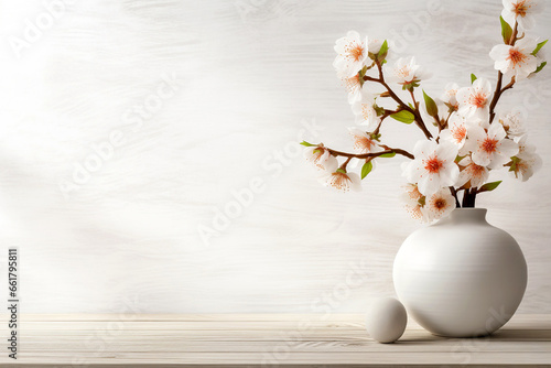 Blooming branch in ceramic vase on wooden table against beige stucco wall with copy space. Home interior background of living room.