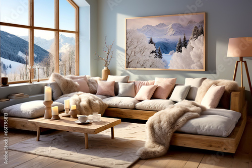 Cozy corner sofa with many grey and pink pillows and fur blankets. Warm and inviting winter atmosphere. Nordic, scandinavian home interior design of modern living room in chalet in mountains. photo