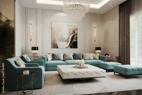 A lavish and trendy living room with a refreshing icy ambiance. Generative AI