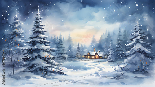 Majestic Christmas, Enchanting Watercolor Illustration of Forested Hut and Magical Tree, Illuminated Winter Landscape, Captivating Postcard Design © Jhon