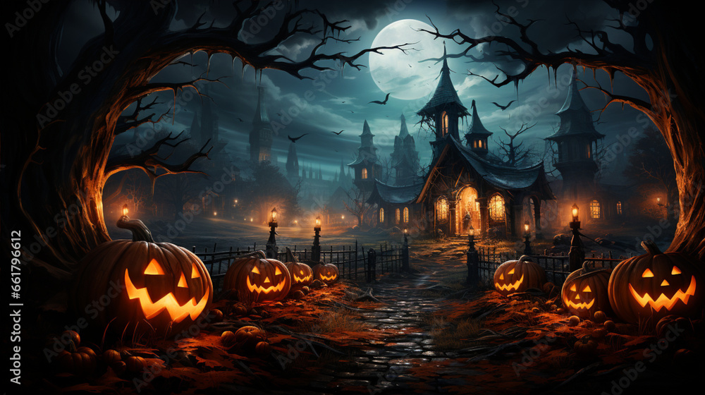 painting of Halloween pumpkin head jack lantern with burning candles, Spooky Forest with a full moon painting of Halloween pumpkin head jack lantern with burning candles, Spooky Forest with a full moon